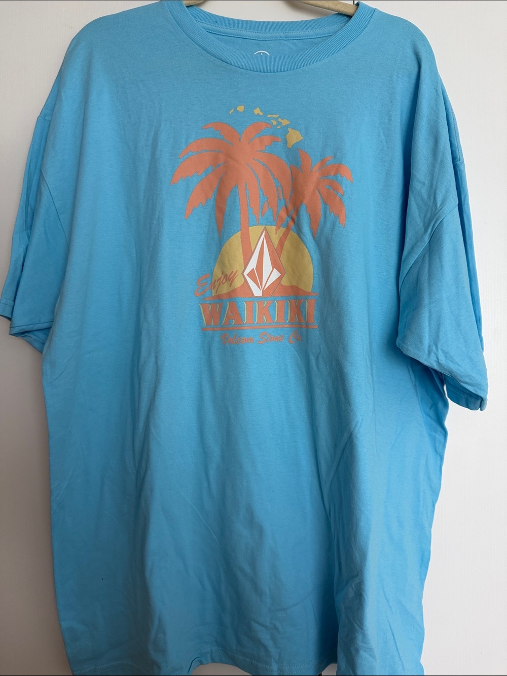 Volcom Waikiki Hawaii Graphic T-Shirt Men’s Light Blue Tropical Palm Tree  XXL